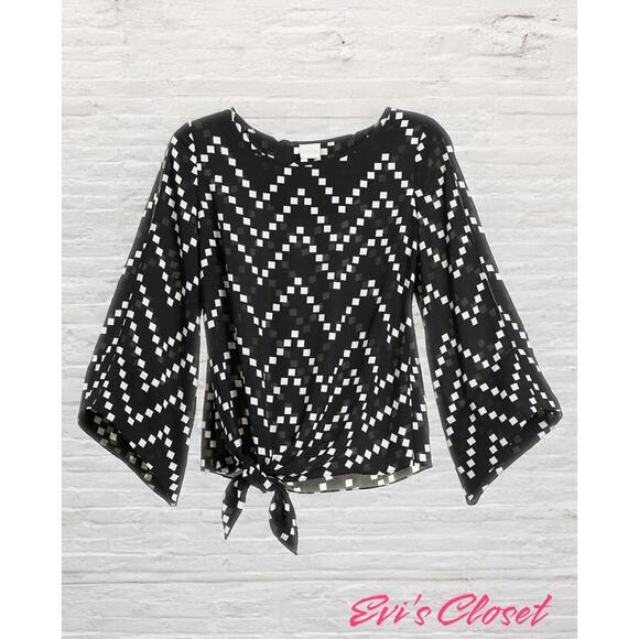 Chico's Geometric Chevron Side Tie Blouse Top Black White Palette Blousy Sz 3XL - Picture 4 of 16